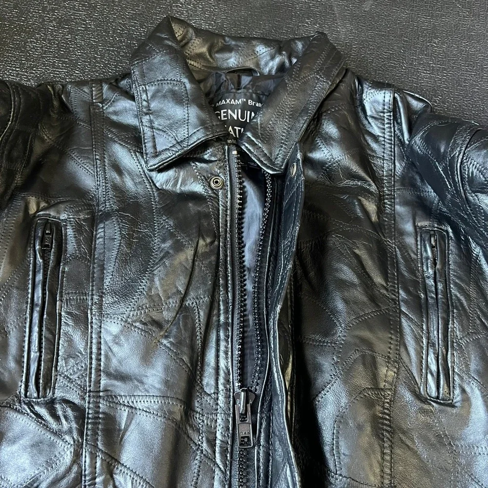 Maxam Mens XL Black Top Grain Lambskin Leather Patchwork Jacket Biker Moto 90s